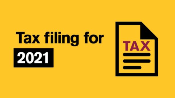 Text reads Tax filing for 2021 with icon of a tax paper