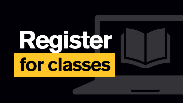 Black background with laptop icon and text reading Register for classes